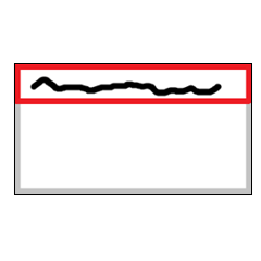 An empty white name tag with a red box at the top containing a black squiggle to represent text.